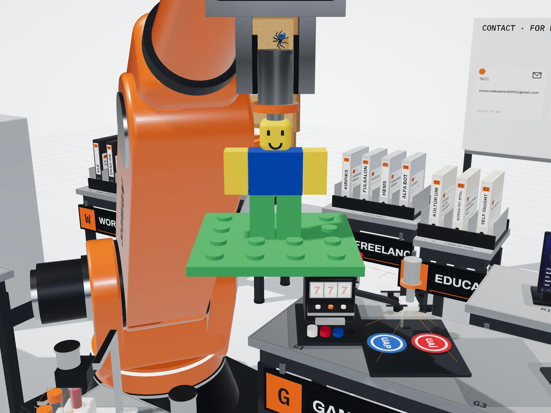 Scale model of the roblox studios in the arm's gripper